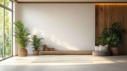 Bright Airy Living Room with Green Plants and Modern Wooden Accent Wall
