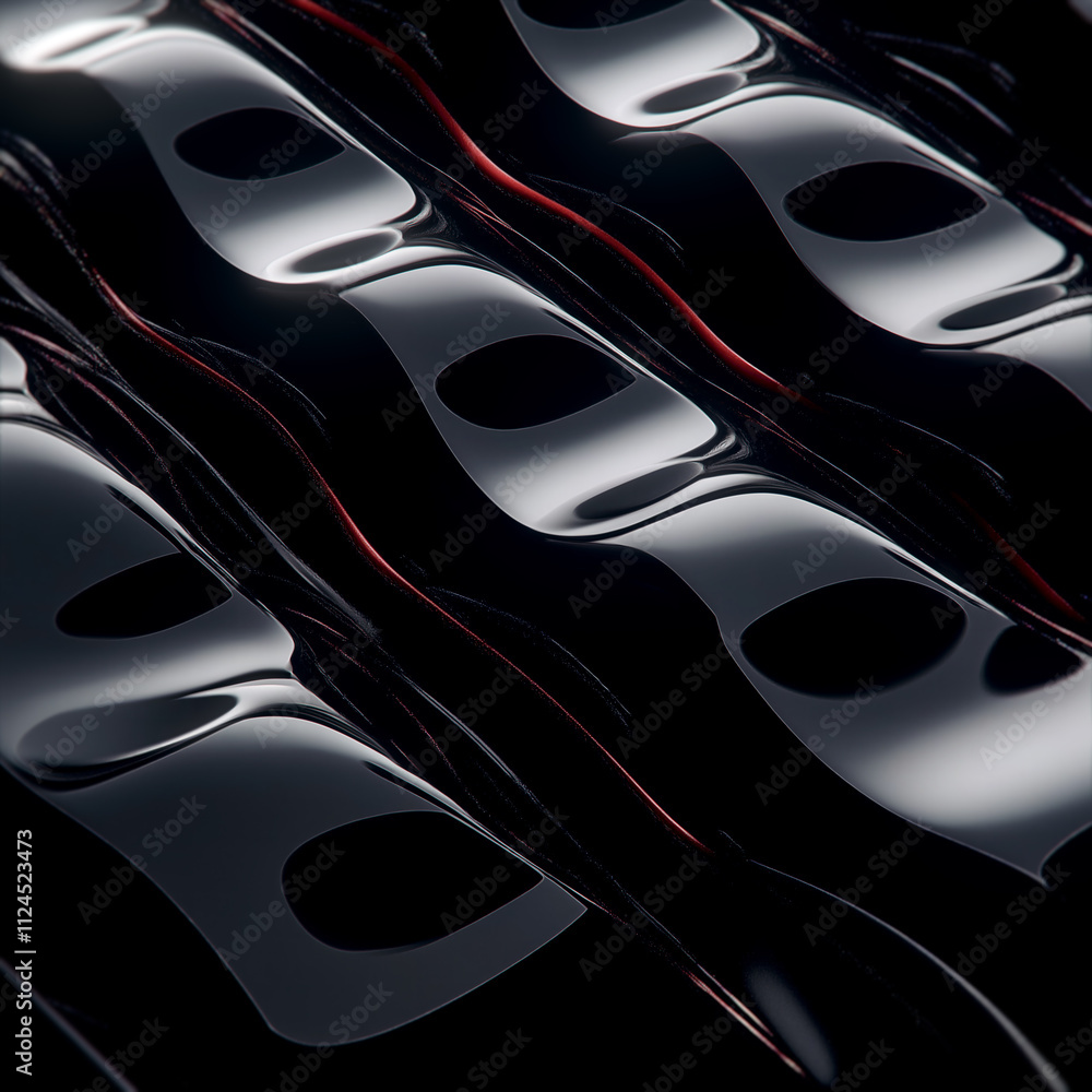 Poster Black waves with a glossy surface and soft shadows that create a fluid effect. Red accents between the waves add mystery and excitement to the image
