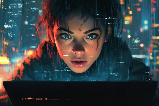 Intense focus of a young woman in a cyberpunk city at night. Generative AI - Powered by Adobe