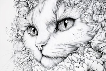 Obraz premium Intricate black and white illustration featuring a cat's face adorned with detailed floral patterns, creating a captivating and artistic portrait