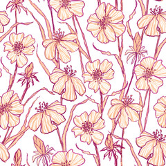 Abstract flowers and leaves repeat seamless pattern. Watercolor and hand-drawn digital art. Design for fabric, wallpaper, packaging, paper, print