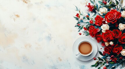 Valentine's day frame with love gifts, coffee, bouquet of red roses on white background. Romantic greeting card for dating. View from above. 