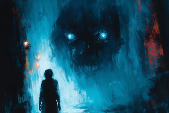 Mysterious figure facing a dark entity in a shadowy blue environment. Generative AI