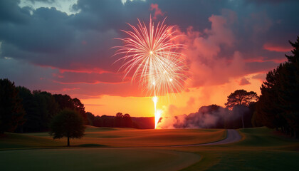 Fireworks over a golf course at sunset