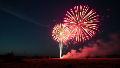 Stunning Fireworks Display Over a Field at Night