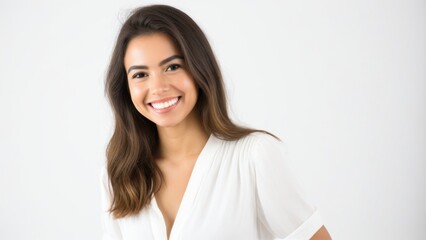 Young woman with a bright, cheerful smile, wearing a simple white top, background is white