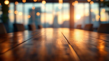 Spacious Boardroom Table for Meeting in Corporate Conference Room with Warm Lighting and Blurred Background