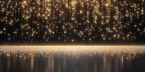 Golden Rain of Celebration: A mesmerizing, abstract backdrop of cascading golden glitter, sparkling on a reflective surface, creating a captivating visual of triumph and celebration.