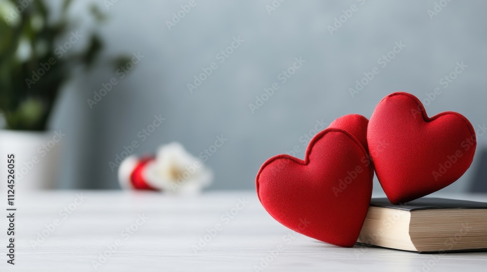 Poster Vibrant Red Hearts Resting on an Open Book with a Soft Focus Background of Greenery and Flowers