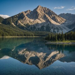 A serene lake reflecting towering mountains under a clear blue sky.