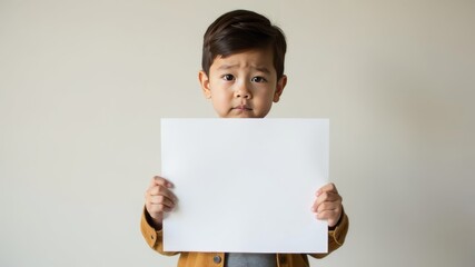 A child holds a white poster with text in his hands