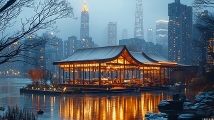 Urban Lakeside Pavilion: Night Lights and City Skyline