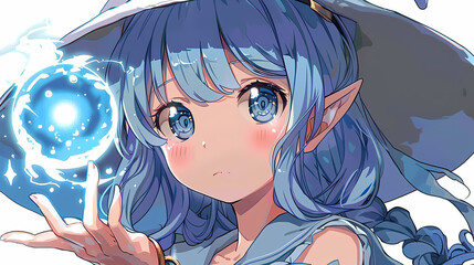 Enchanted Elf Girl: Anime-style portrait of a cute elf girl with blue hair and eyes, holding a glowing orb of magical energy, exuding innocence and wonder. 