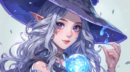 Enchanted Elf Witch: Portrait of a whimsical elf witch, her violet eyes sparkling with magic, holding a glowing orb.  Her wide-brimmed hat and flowing silver hair add to her enchanting allure.