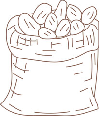 Brown line art of a burlap sack filled with coffee beans.