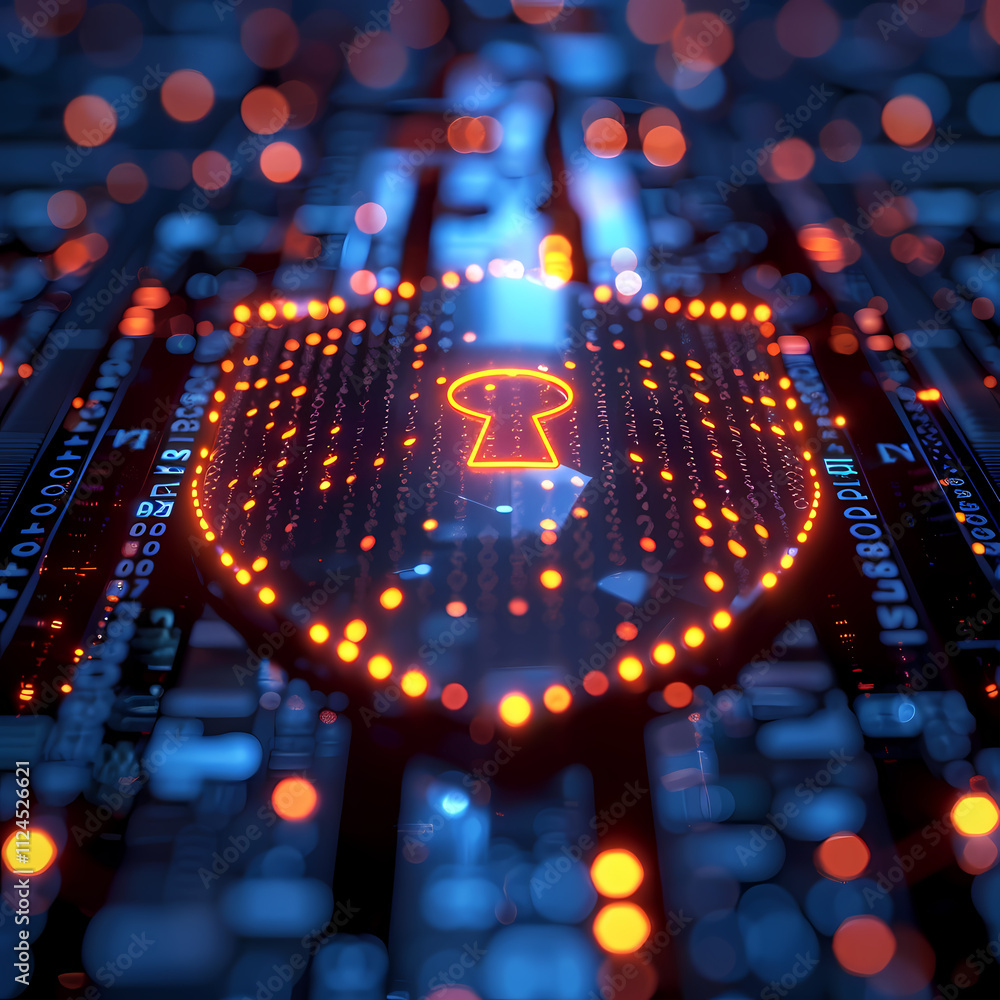 Poster cybersecurity shield: digital fortress glowing with an illuminated keyhole, symbolizing robust data 
