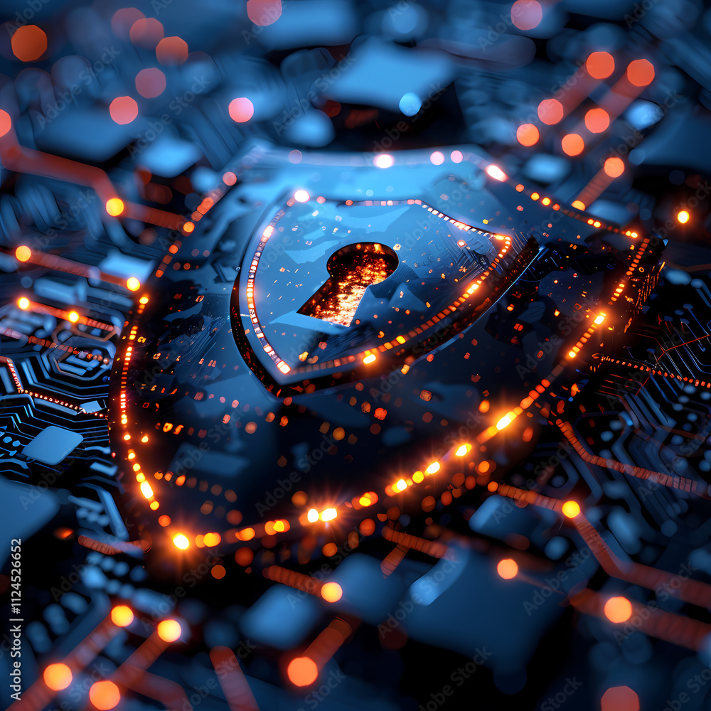 Poster cybersecurity shield: a futuristic, glowing shield with a keyhole rests on a circuit board, symboliz
