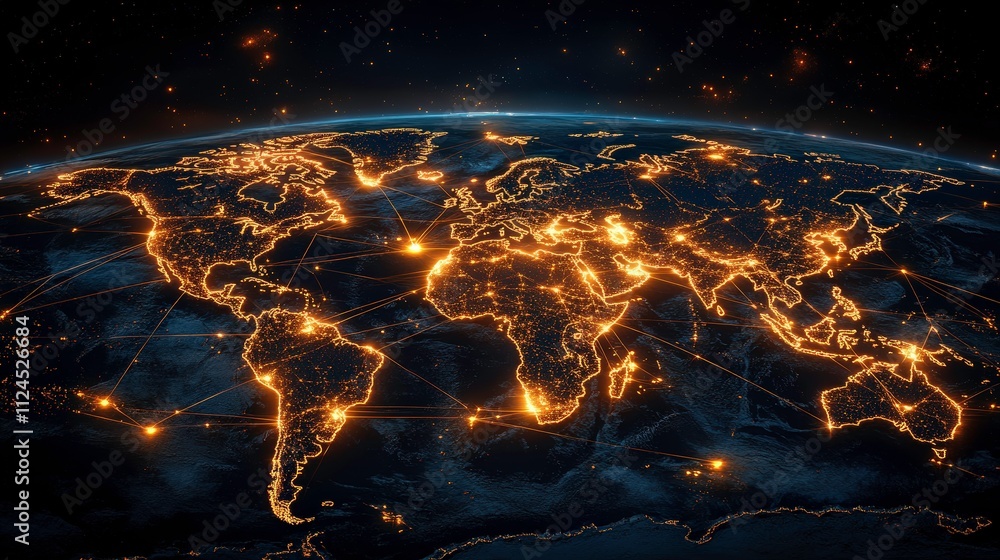 Aufkleber detailed view of a global network visualization at night highlighting interconnected cities and ligh