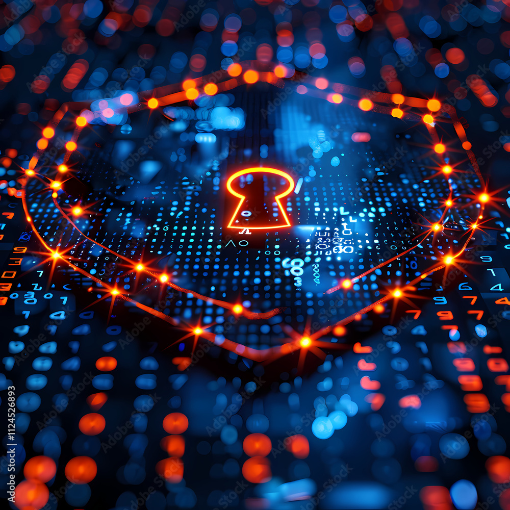 Poster cybersecurity shield: digital keyhole in a glowing, protective shield, representing data security an