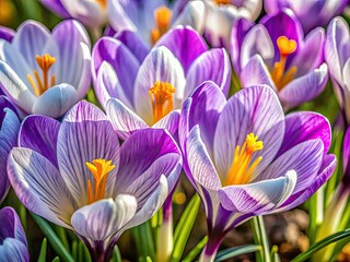 Fototapeta premium Macro photography reveals vibrant purple, yellow, and white spring crocuses in breathtaking detail.