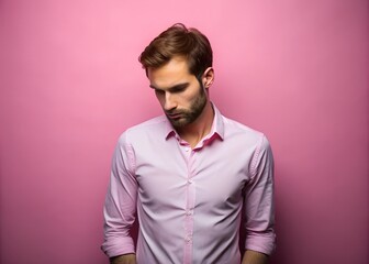 Fototapeta premium Caucasian man standing over pink background depressed
