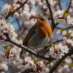 A robin perched on a blossoming cherry tree branch.