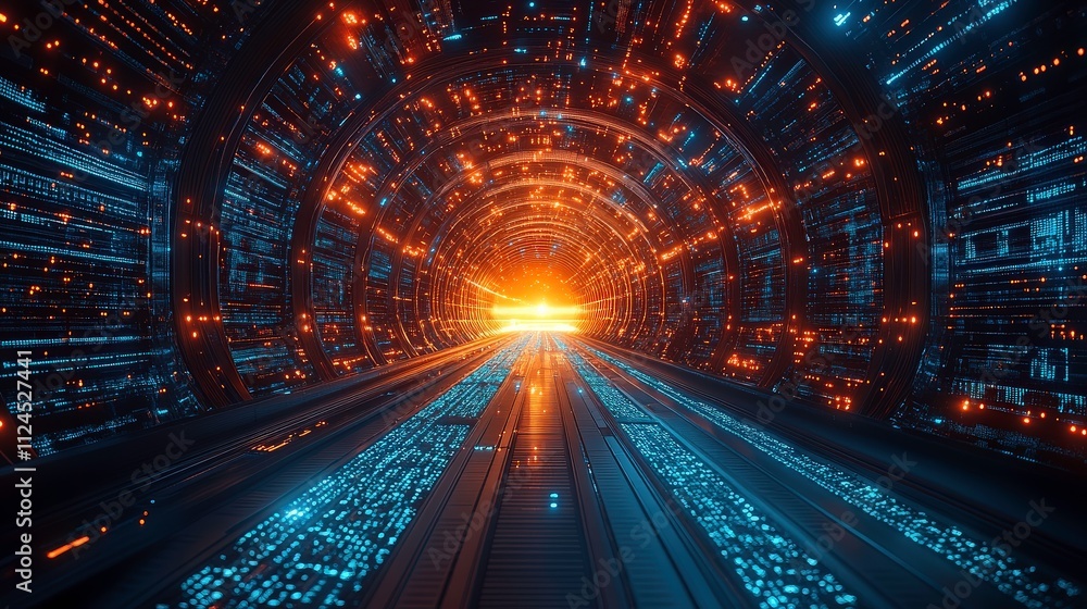Poster futuristic digital tunnel with glowing lights and abstract patterns emitting energy in a high-tech s