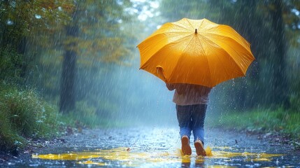 A child walks in the rain under a bright yellow umbrella.