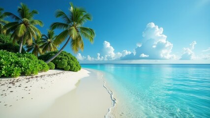 A secluded tropical island with a stunning white sand beach and crystal clear turquoise waters surrounded by lush greenery