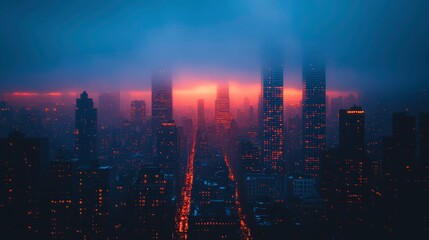 Fototapeta premium Majestic City Skyline at Dusk with Vibrant Lights and Fog Over Urban Landscape Featuring Towering Skyscrapers and Glowing Windows Under Dramatic Cloudy Sky