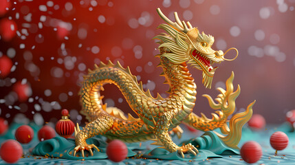 Obraz premium Golden Dragon of Prosperity: A majestic golden dragon figurine, symbol of good fortune and prosperity, sits amidst red and gold decor, evoking a sense of celebration and tradition.