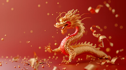 Obraz premium Golden Dragon in Red: A 3D render of a majestic golden dragon with intricate scales against a vibrant red background. The dragon is depicted with an air of power and grace.