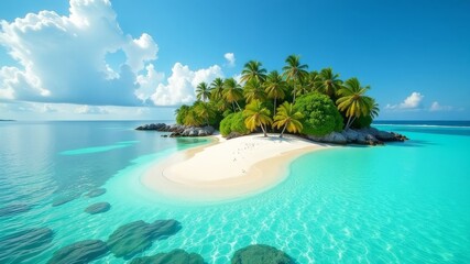 Fototapeta premium A secluded tropical island with a stunning white sand beach and crystal clear turquoise waters surrounded by lush greenery