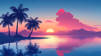 Paradise beach with palm trees and a calm ocean at dawn or sunset. of a peaceful landscape