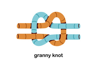 Granny knot, rope tying. Double string connection, Two cords connected, secure binding. Entwined cables, laces, wires for safety, security. Flat vector illustration isolated on white background