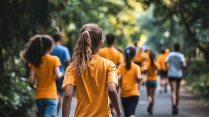 Children in yellow shirts jogging on a path in a park.