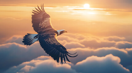 Majestic eagle flight in sunrise above clouds, aerial view