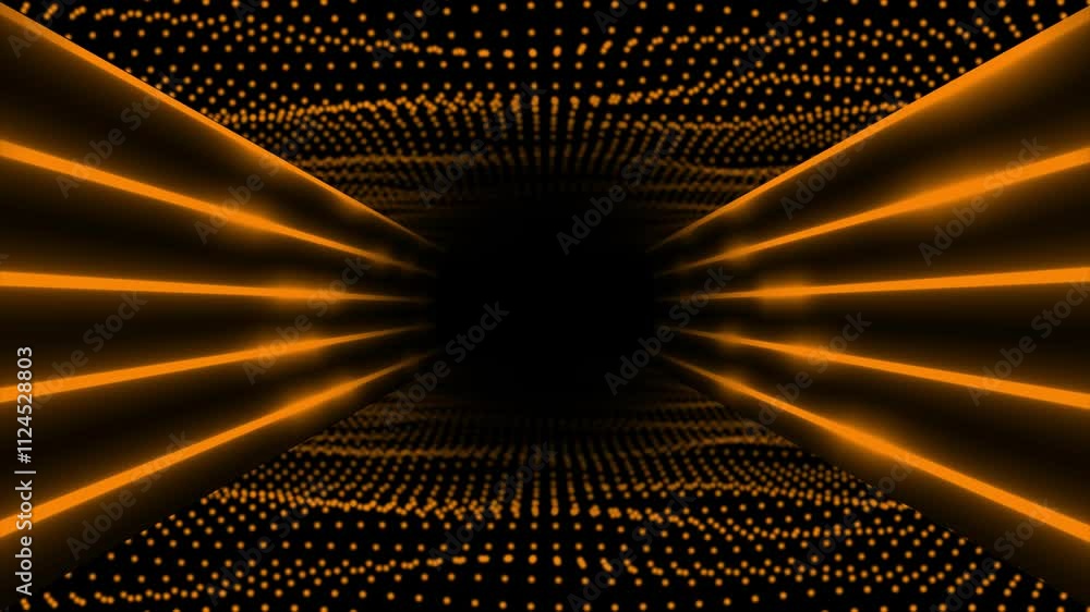 Poster orange color circular dots neon lines 3d tunnel modern design loop-able dark geometrical background