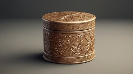 A cylindrical gift box with intricate engravings, vintage style, 3D rendering.