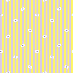 A seamless vector pattern featuring white envelopes with purple heart seals on a striped yellow and lavender background. Ideal for Valentine's Day designs, gift wrapping, or romantic-themed projects.
