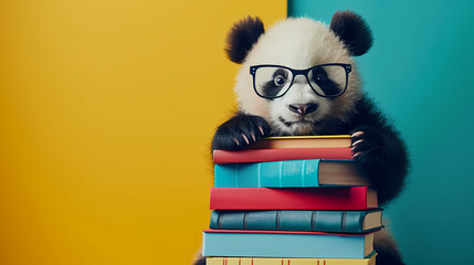 Panda Power:  A playful panda cub, donning spectacles and leaning against a stack of colorful books, embodies the spirit of learning and curiosity. Adorable and inspiring.