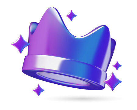 Purple crown 3d icon with stars. Chrome metallic winner award concept three dimensional realistic vector illustration isolated on white background.