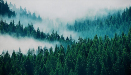 Serene Foggy Forest Landscape with Evergreen Trees, Misty landscape with fir forest in vintage retro style