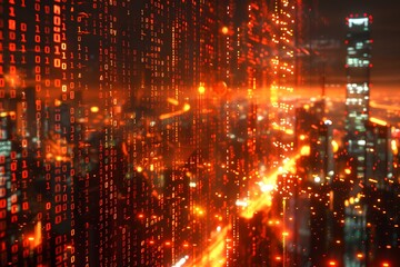 Fototapeta premium Futuristic Digital Cityscape with Abstract Binary Code and Illuminated Skyline