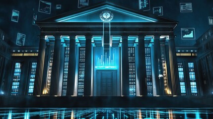 Futuristic Banking Revolution Grand Neoclassical Financial Hub in a Neon Cityscape Digital Landscape High Angle View