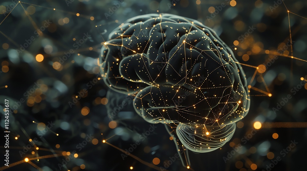 Poster A digital rendering of a brain with glowing lines and dots.