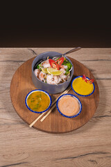 Cooking a dish, vegetables with shrimp and sauces