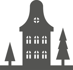 Silhouette of houses on skyline. Neighborhood row of homes. Small black village cottages. Christmas rural landscape with fur trees. Cute country buildings