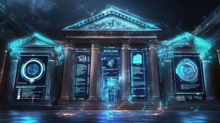 Obraz premium Innovative Banking Headquarters Futuristic City Digital Architecture Sleek Environment Aerial View Translucent Financial Hub