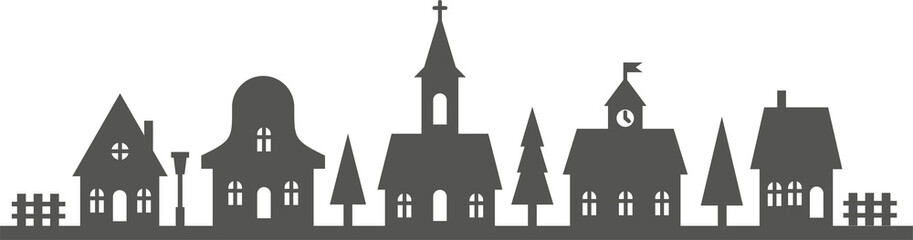 Silhouette of houses on skyline. Neighborhood row of homes. Small black village cottages. Christmas rural landscape with church and fur trees. Cute country buildings